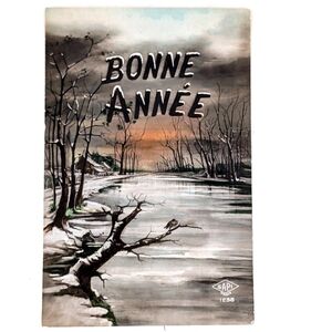 French Bonne Annee House with Frozen River Winter Scene New Year's Postcard